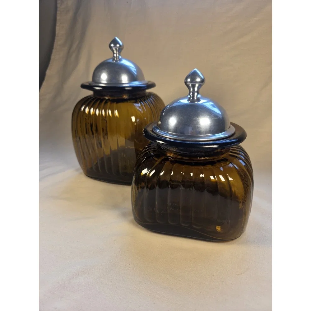 VINTAGE APOTHECARY ARTLAND AMBER RIBBED GLASS CANISTERS PEWTER with LIDS